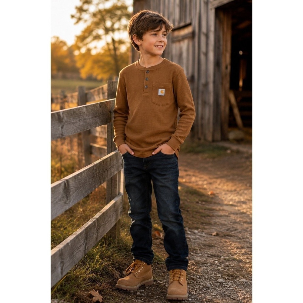 Carhartt Kids Waffle Knit Henley Shirt Brown Pocket Logo Size Small 8-10 NWOT‎